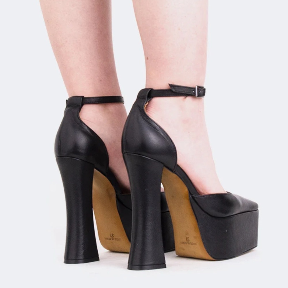 L'INTERVALLE Cabaret Black Leather Platform Shoes Block Heels square toe size 37 - Picture 8 of 13